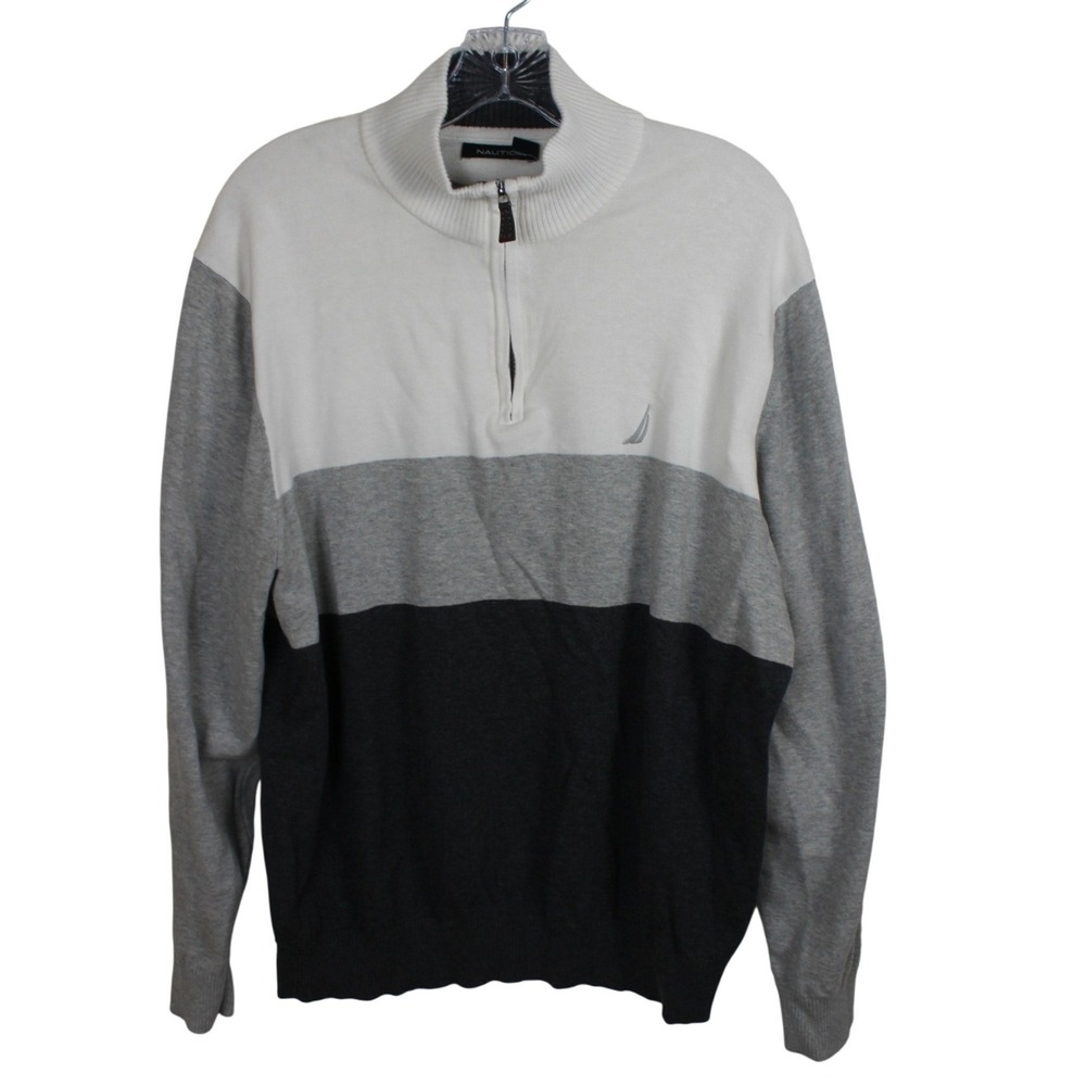 Nautica Mens XL Quarter Zip Sweater Colorblock Cotton Grey White Mock Neck Knit